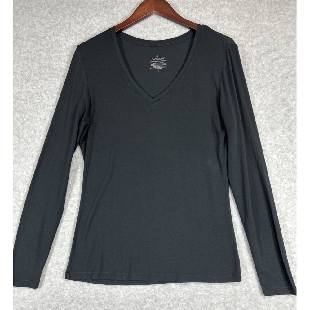 Cuddl Duds Womens Softwear Stretch V-Neck Top Black Long Sleeve Layer Large